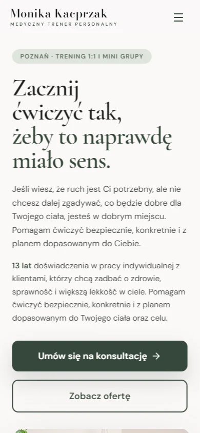 Zrealizowana strona Monika Kacprzak na mobile z hero i głównym CTA konsultacji.